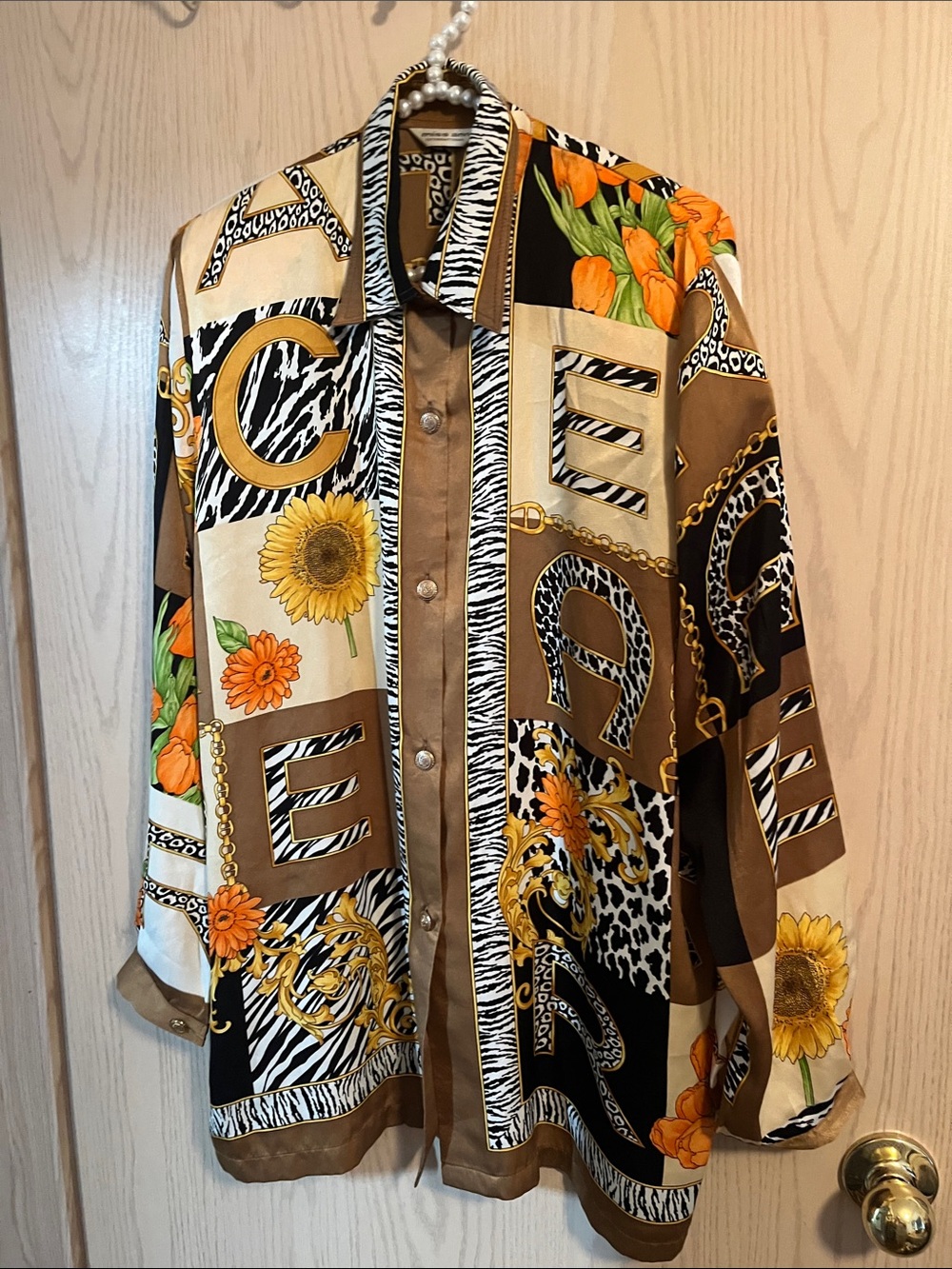 Printed Button-Front Blazer Jacket in Brown & Black